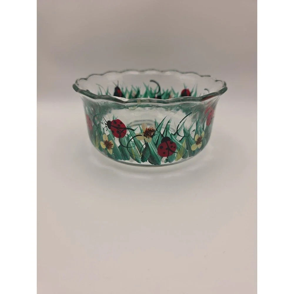 Ladybugs in Grass Hand Painted Glass Serving Bowl